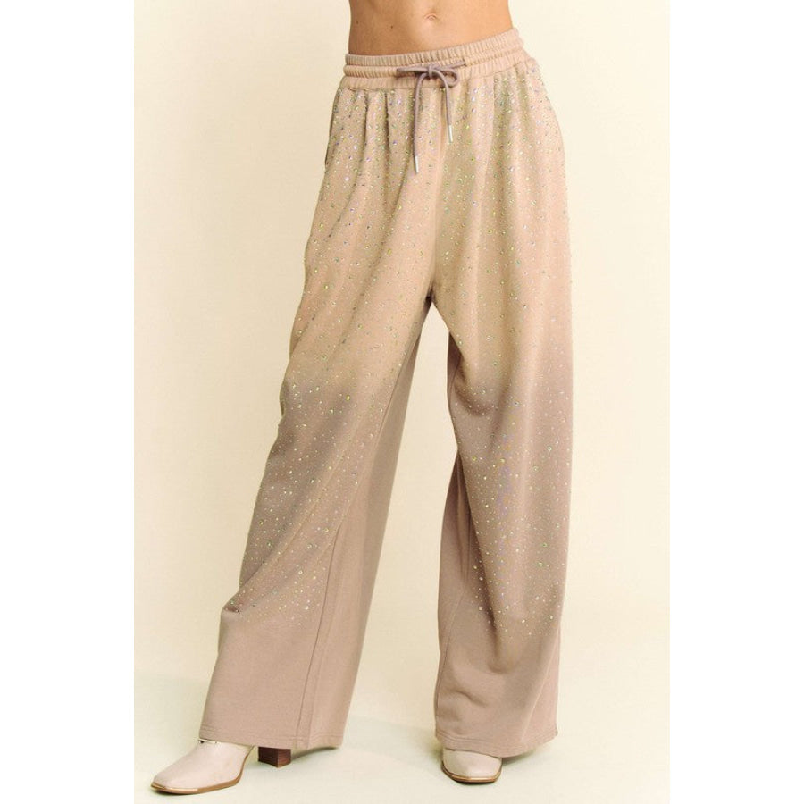 Davi & Dani Rhinestone Drawstring Wide Leg Pants Tan / S Apparel and Accessories