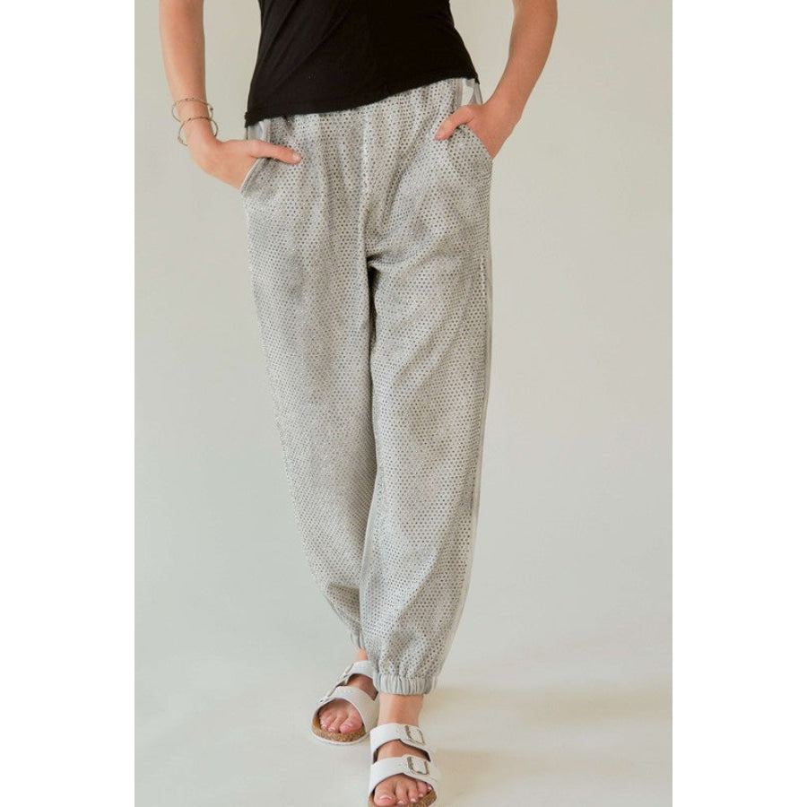 Davi &amp; Dani Rhinestone Elastic Waist Joggers Light Gray / S Apparel and Accessories