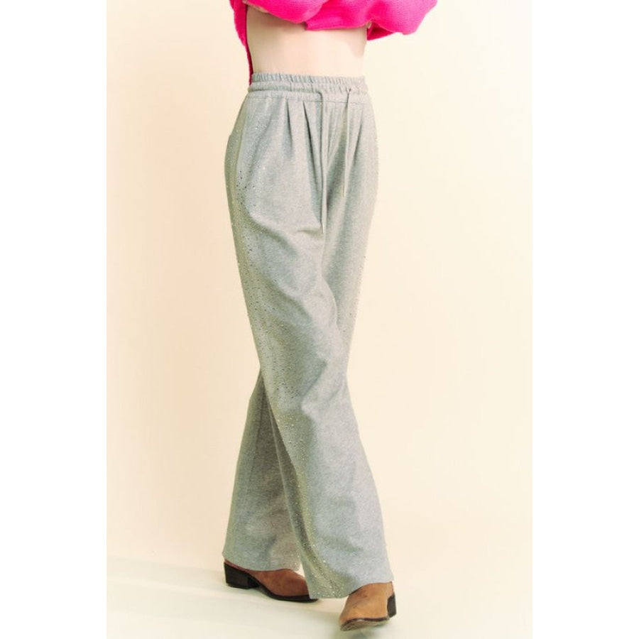 Davi &amp; Dani Rhinestone Elastic Waist Wide Leg Pants Apparel and Accessories