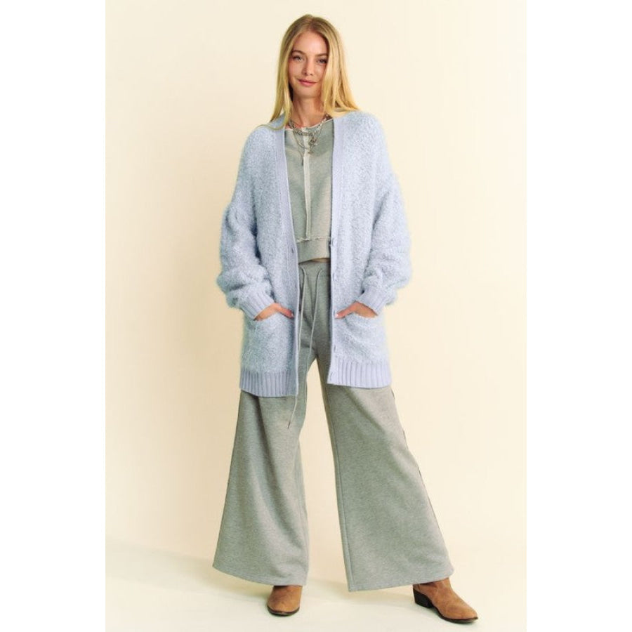 Davi &amp; Dani Ribbed Hem Button Up Long Sleeve Cardigan Light Blue / S Apparel and Accessories