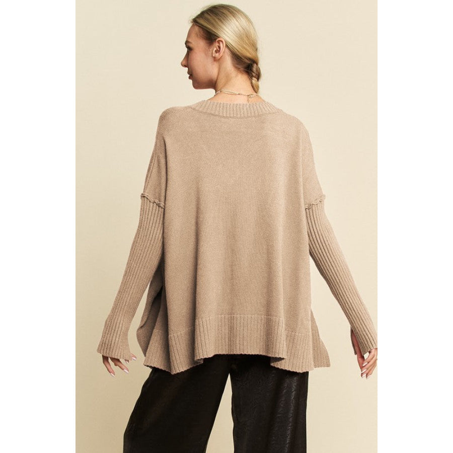 Davi &amp; Dani Ribbed Side Slit V-Neck Sweater Apparel and Accessories