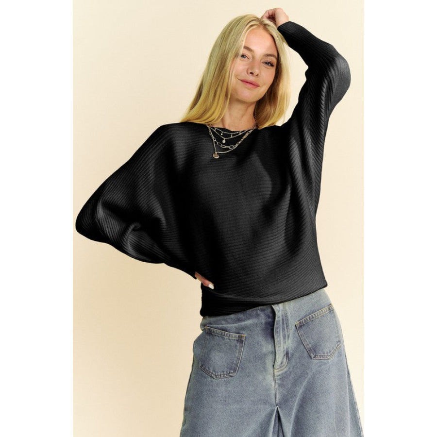 Davi &amp; Dani Round Neck Batwing Sleeve Sweater Black / S Apparel and Accessories