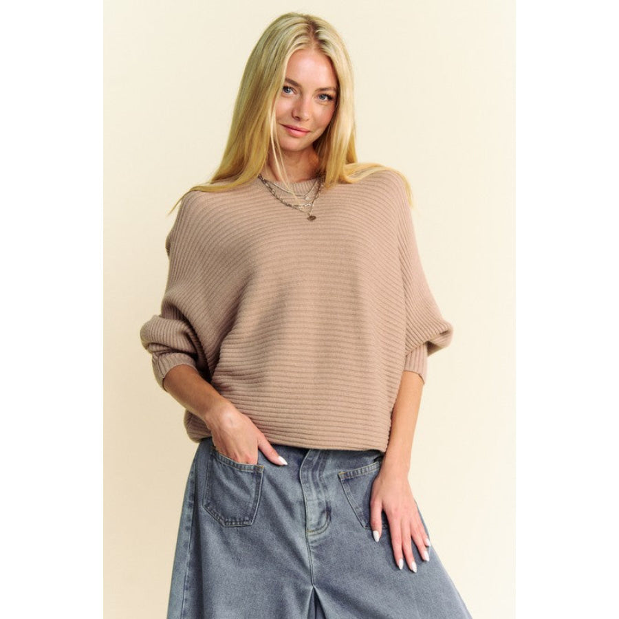 Davi &amp; Dani Round Neck Batwing Sleeve Sweater Tan / S Apparel and Accessories