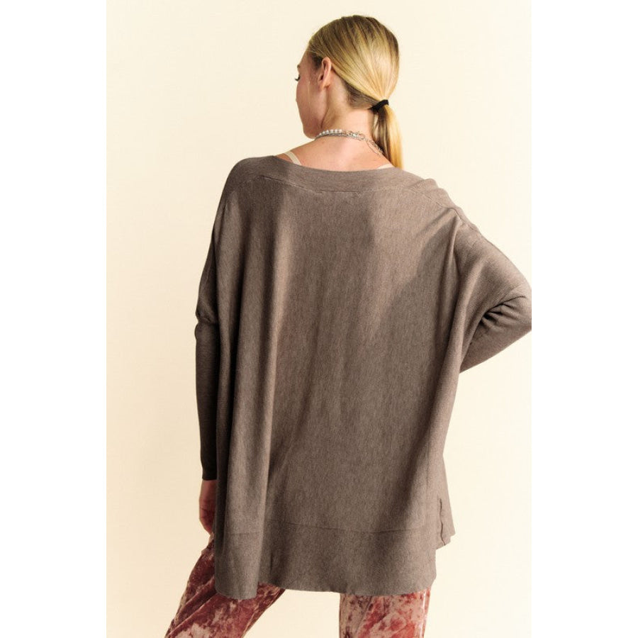 Davi & Dani Round Neck Dropped Shoulder Long Sleeve Knit Top Coffee Brown / S Apparel and Accessories
