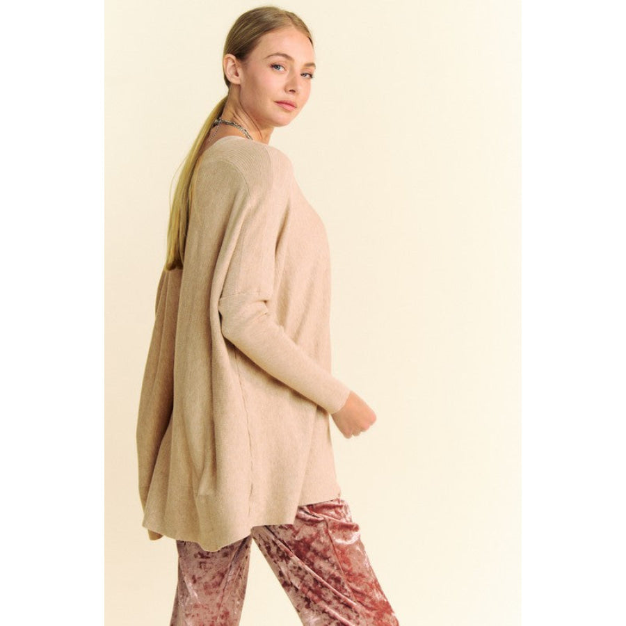 Davi & Dani Round Neck Dropped Shoulder Long Sleeve Knit Top Apparel and Accessories