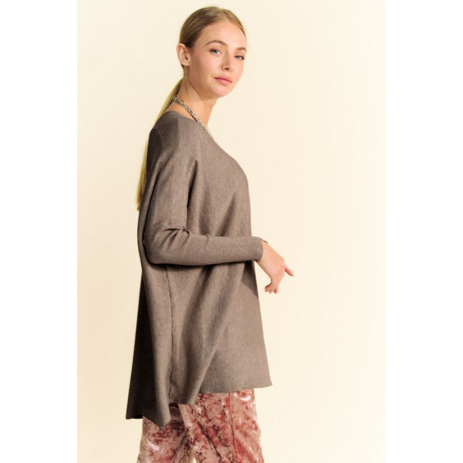 Davi & Dani Round Neck Dropped Shoulder Long Sleeve Knit Top Apparel and Accessories