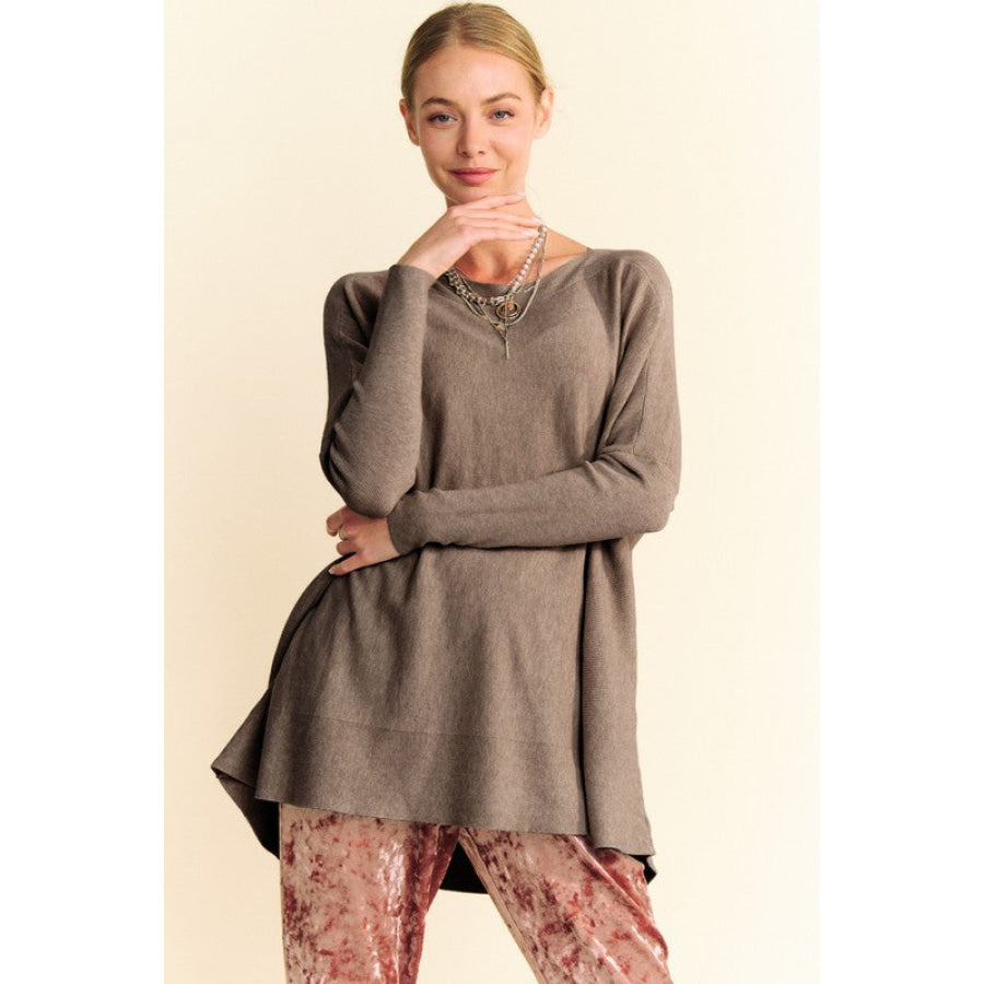 Davi & Dani Round Neck Dropped Shoulder Long Sleeve Knit Top Coffee Brown / S Apparel and Accessories