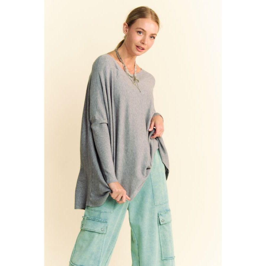 Davi &amp; Dani Round Neck Dropped Shoulder Long Sleeve Knit Top Gray / S Apparel and Accessories