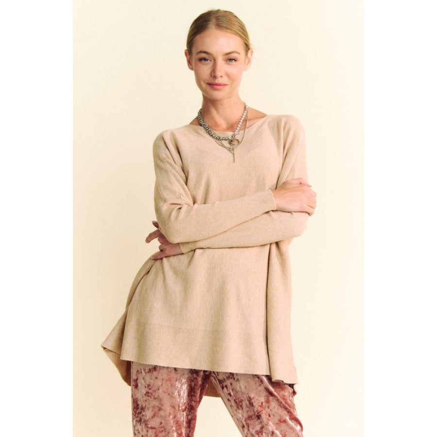Davi & Dani Round Neck Dropped Shoulder Long Sleeve Knit Top Tan / S Apparel and Accessories