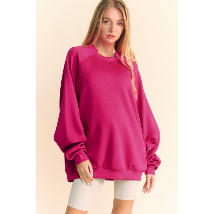 Davi &amp; Dani Round Neck Raglan Sleeve Sweatshirt Deep Rose / S Apparel and Accessories