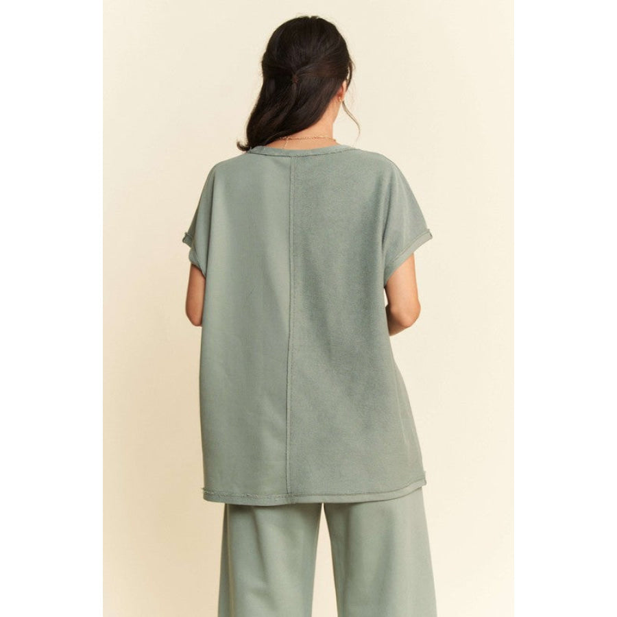 Davi & Dani Round Neck Short Sleeve Top and Pants Set Olive Sage / S Apparel and Accessories