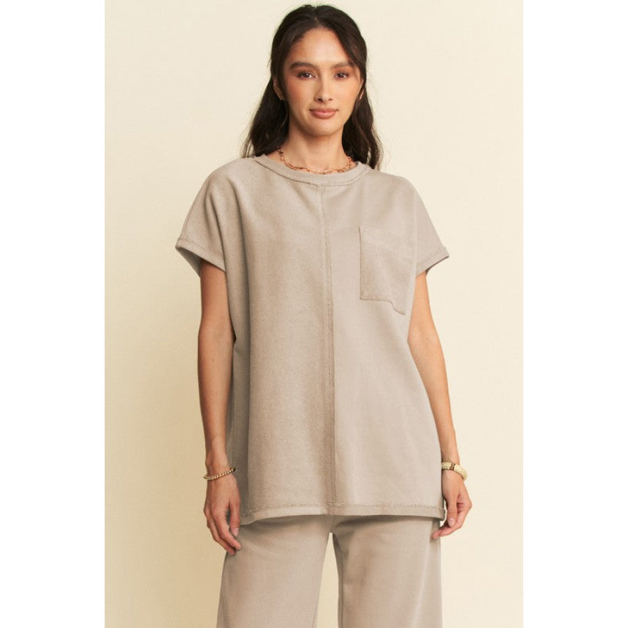 Davi & Dani Round Neck Short Sleeve Top and Pants Set Khaki / S Apparel and Accessories