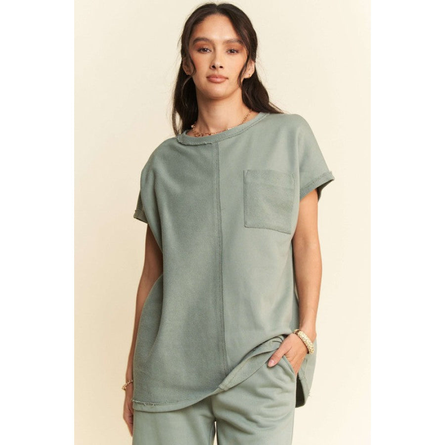 Davi &amp; Dani Round Neck Short Sleeve Top and Pants Set Olive Sage / S Apparel and Accessories