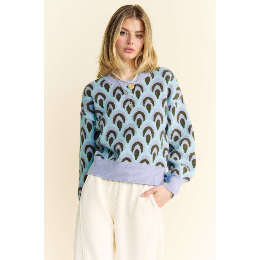 Davi &amp; Dani Scale Jacquard Round Neck Drop Shoulder Sweater Pastel Blue / S Apparel and Accessories