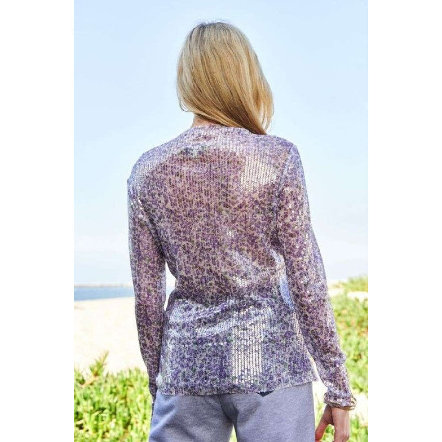 Davi & Dani Sequin Mock Neck Long Sleeve Mesh Top Lilac / S Apparel and Accessories