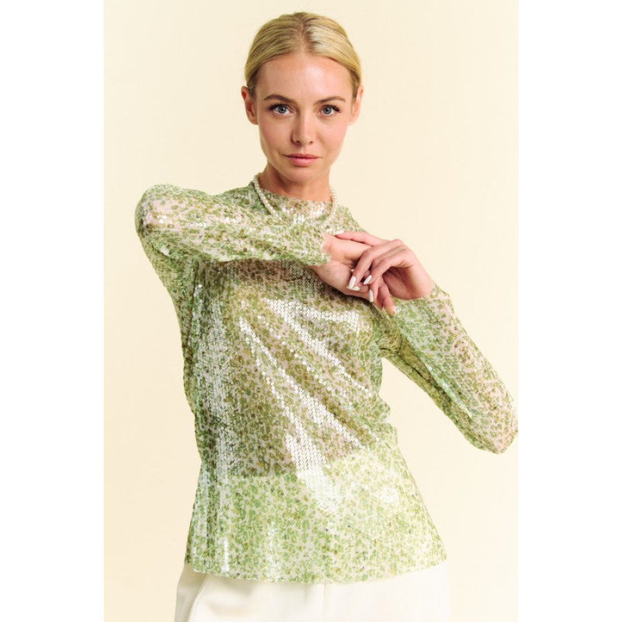 Davi &amp; Dani Sequin Mock Neck Long Sleeve Mesh Top Apparel and Accessories