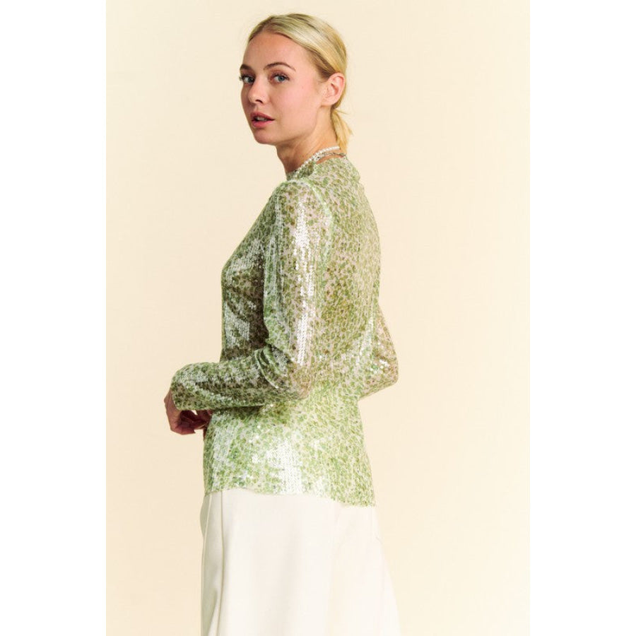 Davi &amp; Dani Sequin Mock Neck Long Sleeve Mesh Top Apparel and Accessories