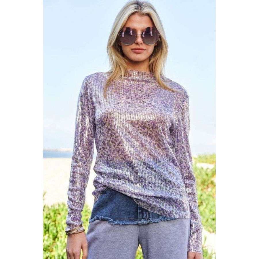 Davi &amp; Dani Sequin Mock Neck Long Sleeve Mesh Top Lilac / S Apparel and Accessories