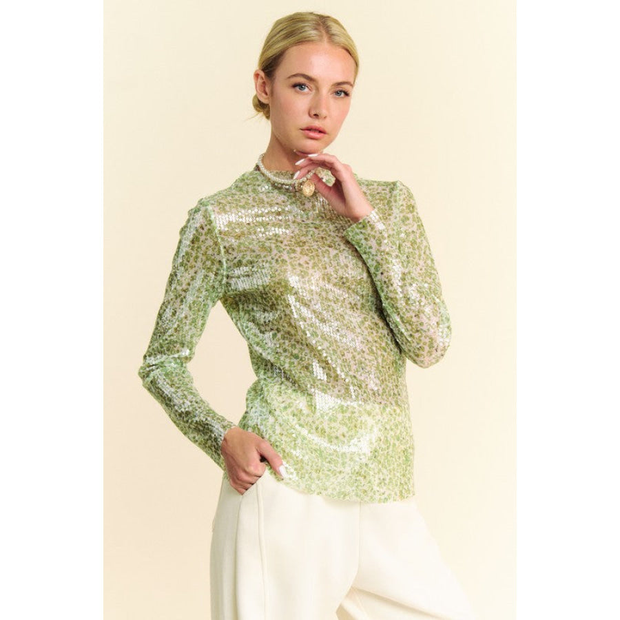 Davi &amp; Dani Sequin Mock Neck Long Sleeve Mesh Top Sage / S Apparel and Accessories