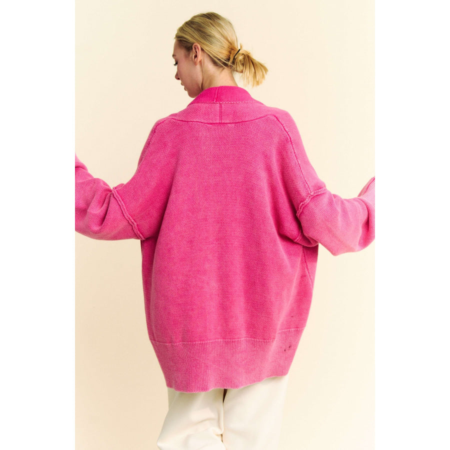 Davi & Dani Shawl Collar Ribbed Detail Button Up Cardigan Hot Pink / S Apparel and Accessories