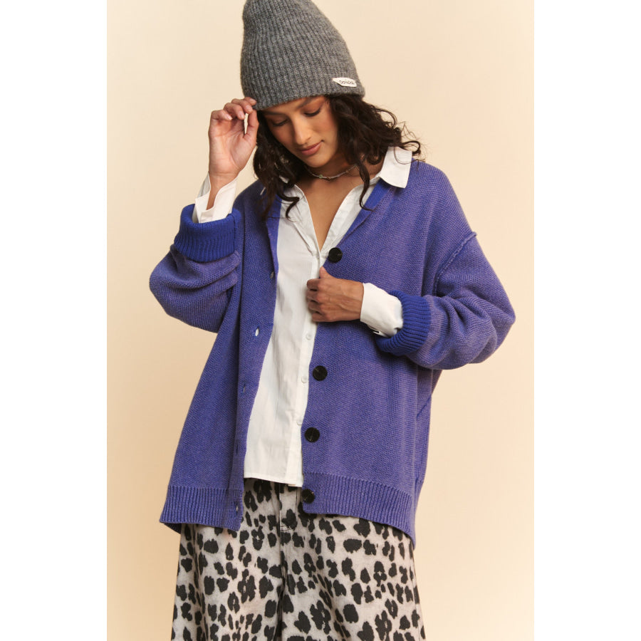 Davi &amp; Dani Shawl Collar Ribbed Detail Button Up Cardigan Azure / S Apparel and Accessories