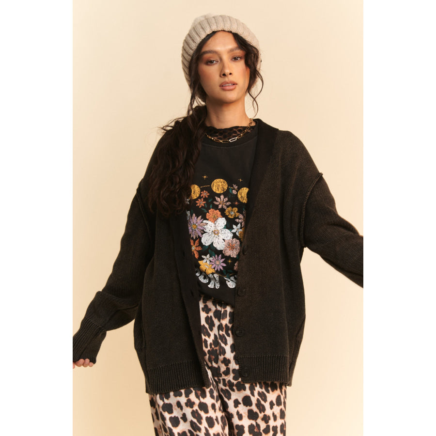 Davi & Dani Shawl Collar Ribbed Detail Button Up Cardigan Black / S Apparel and Accessories