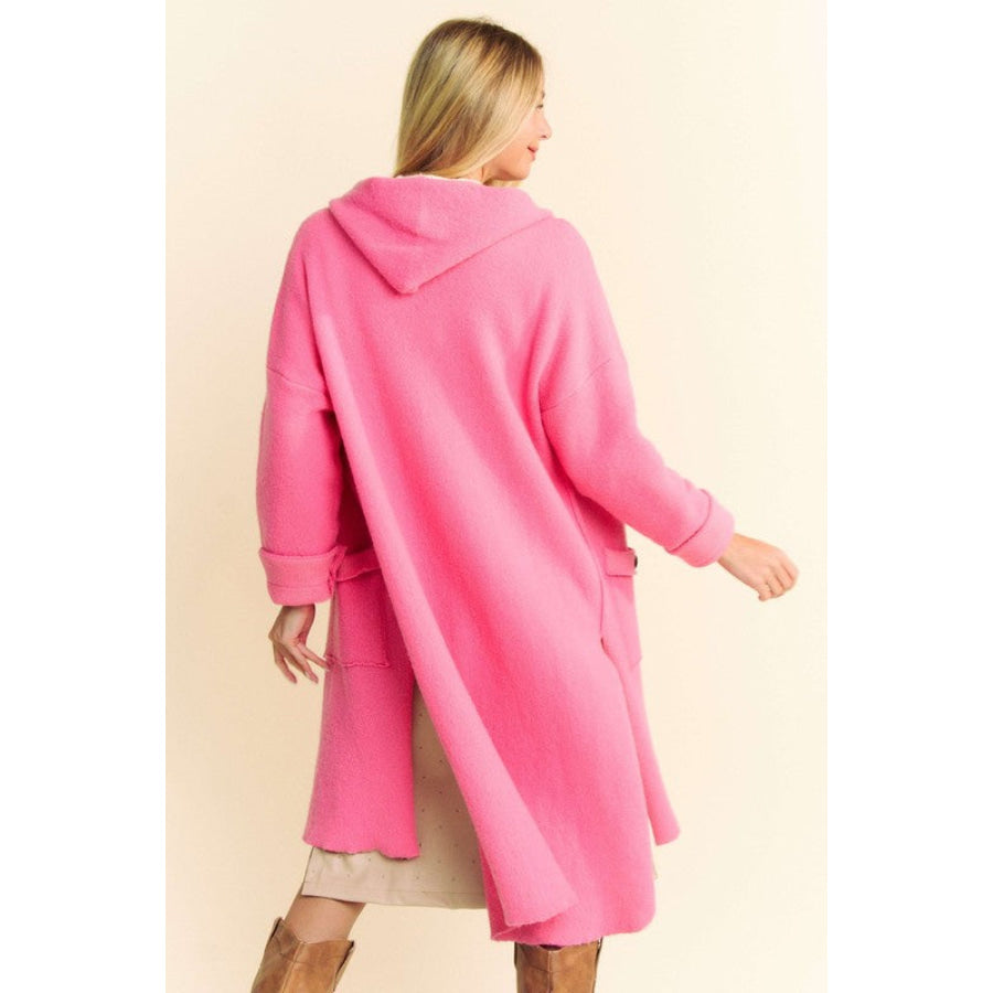 Davi & Dani Side Slit Button Up Hooded Cardigan Pink / S Apparel and Accessories