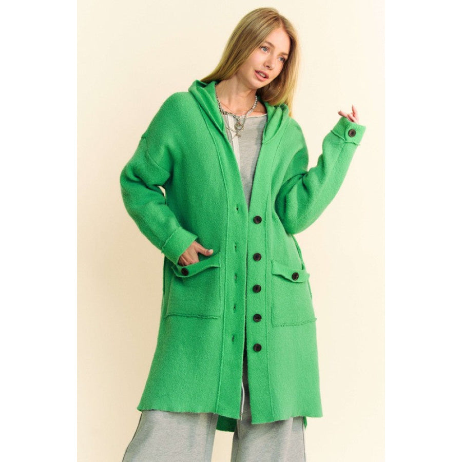 Davi & Dani Side Slit Button Up Hooded Cardigan Green / S Apparel and Accessories