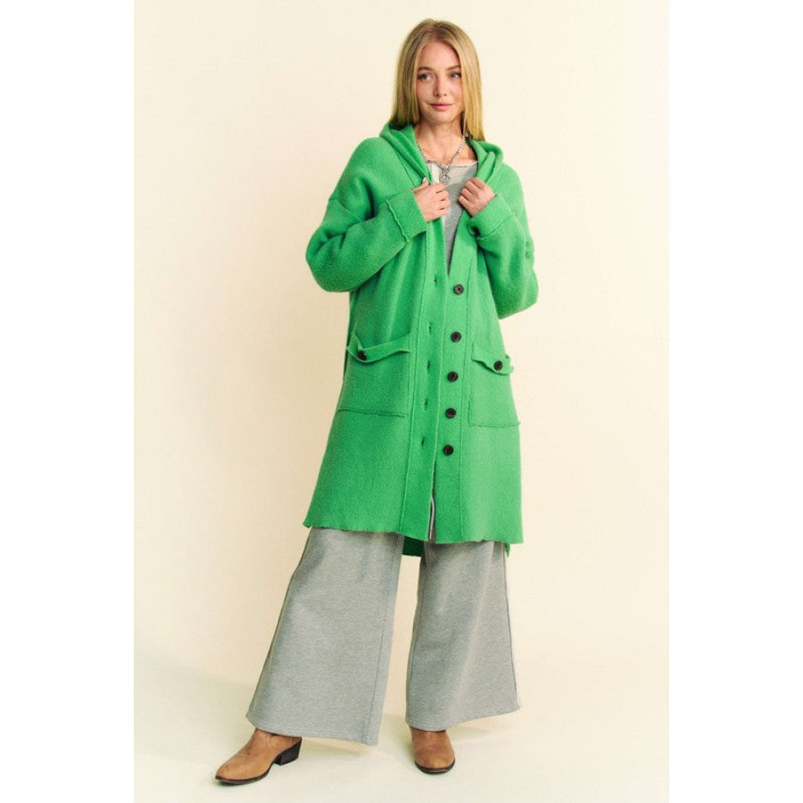 Davi &amp; Dani Side Slit Button Up Hooded Cardigan Green / S Apparel and Accessories