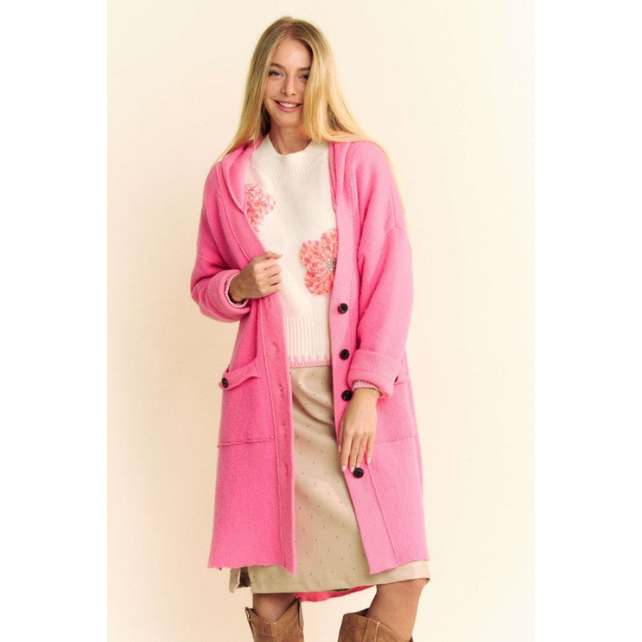 Davi &amp; Dani Side Slit Button Up Hooded Cardigan Pink / S Apparel and Accessories