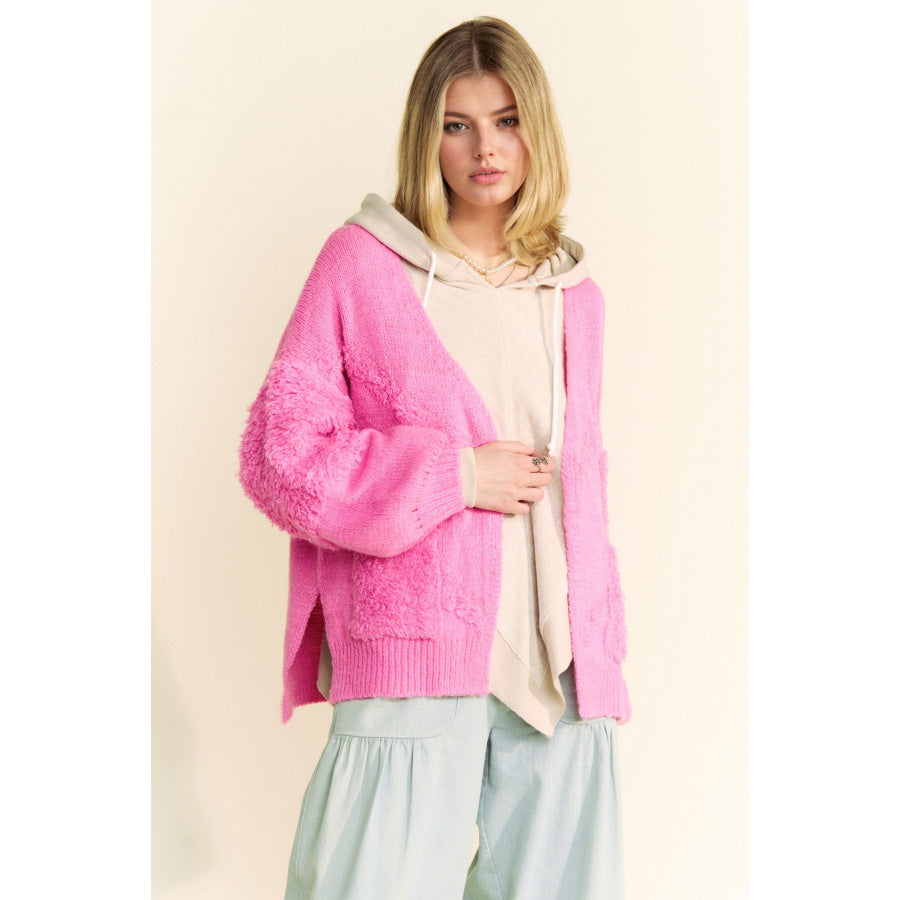 Davi &amp; Dani Side Slit Open Front Long Sleeve Cardigan Pink / S Apparel and Accessories