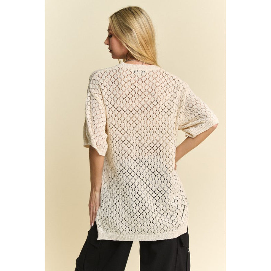 Davi &amp; Dani Side Slit Openwork Round Neck Half Sleeve Knit Cover Up Apparel and Accessories