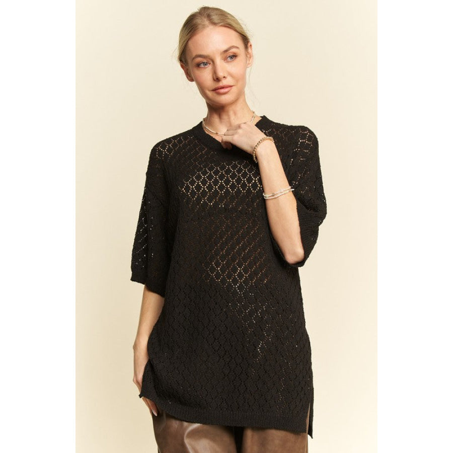 Davi & Dani Side Slit Openwork Round Neck Half Sleeve Knit Cover Up Apparel and Accessories