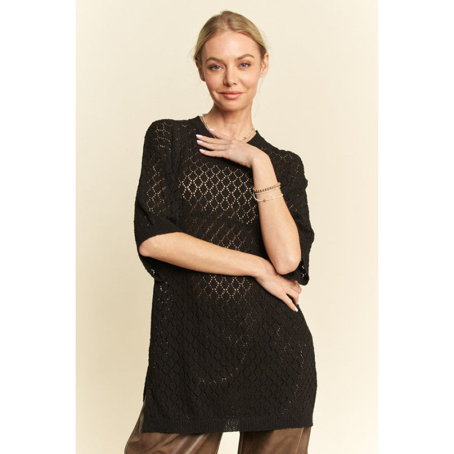 Davi & Dani Side Slit Openwork Round Neck Half Sleeve Knit Cover Up Black / S Apparel and Accessories