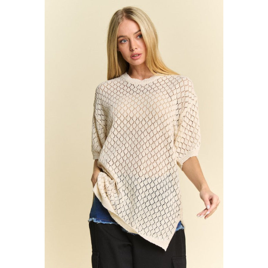 Davi &amp; Dani Side Slit Openwork Round Neck Half Sleeve Knit Cover Up CREAM BEIGE / S Apparel and Accessories