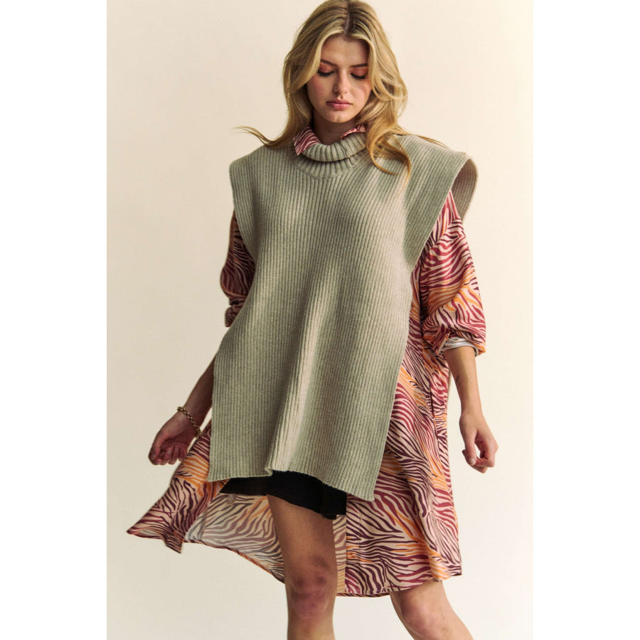 Davi & Dani Side Split Turtleneck Sleeveless Knit Top Apparel and Accessories