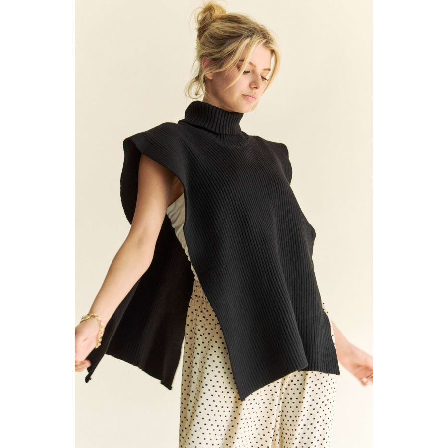 Davi & Dani Side Split Turtleneck Sleeveless Knit Top Black / S/M Apparel and Accessories