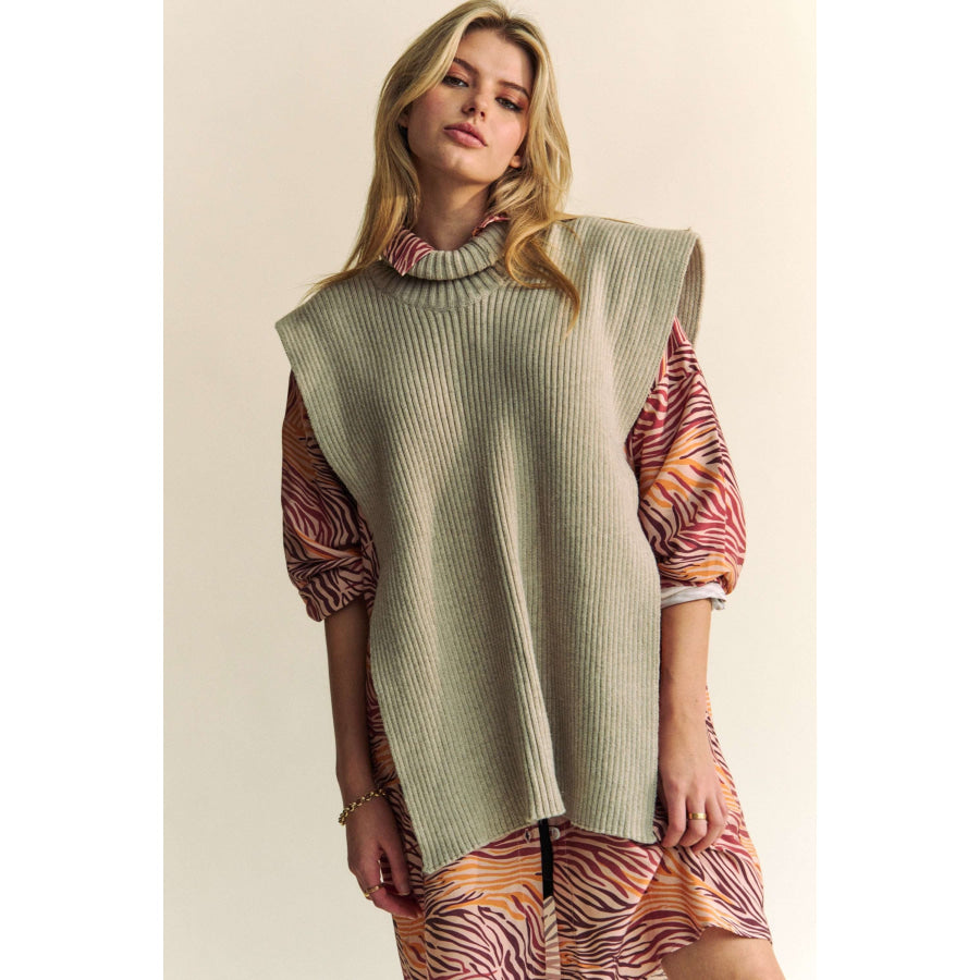 Davi & Dani Side Split Turtleneck Sleeveless Knit Top Oatmeal / S/M Apparel and Accessories