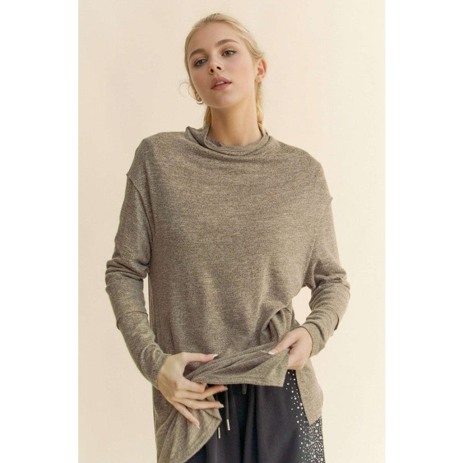 Davi &amp; Dani Slit Mock Neck Long Sleeve Top Taupe / S Apparel and Accessories