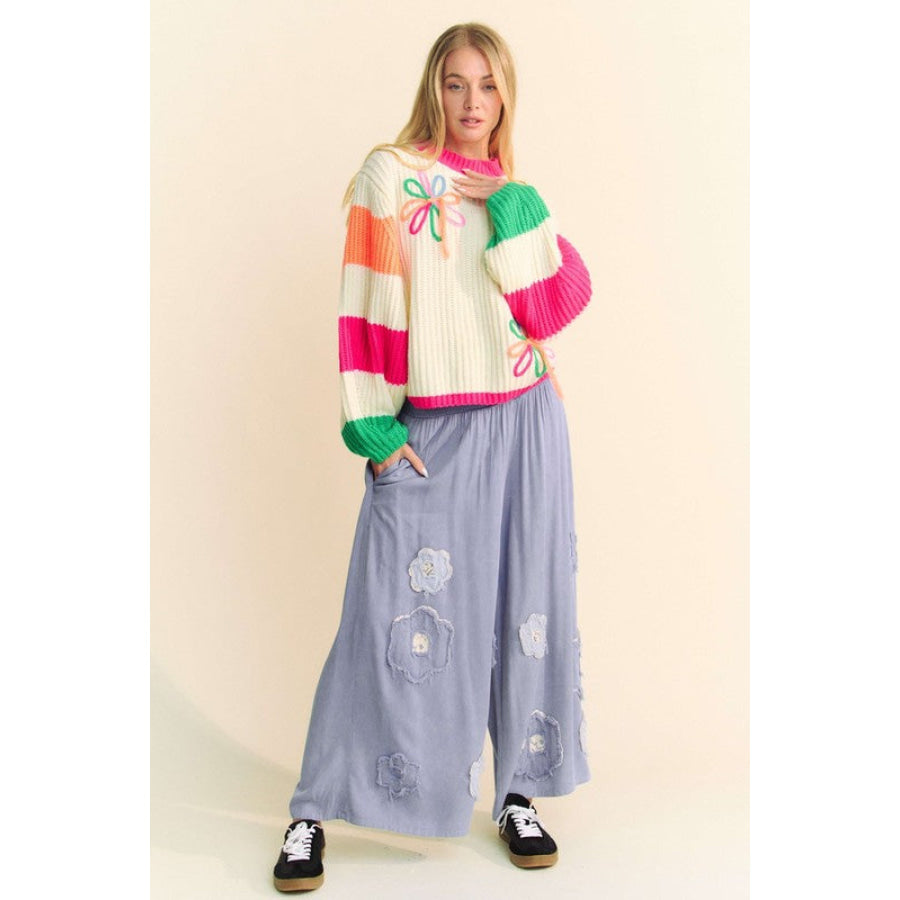 Davi & Dani Smocked Waist Flower Patch Wide Leg Pants Apparel and Accessories