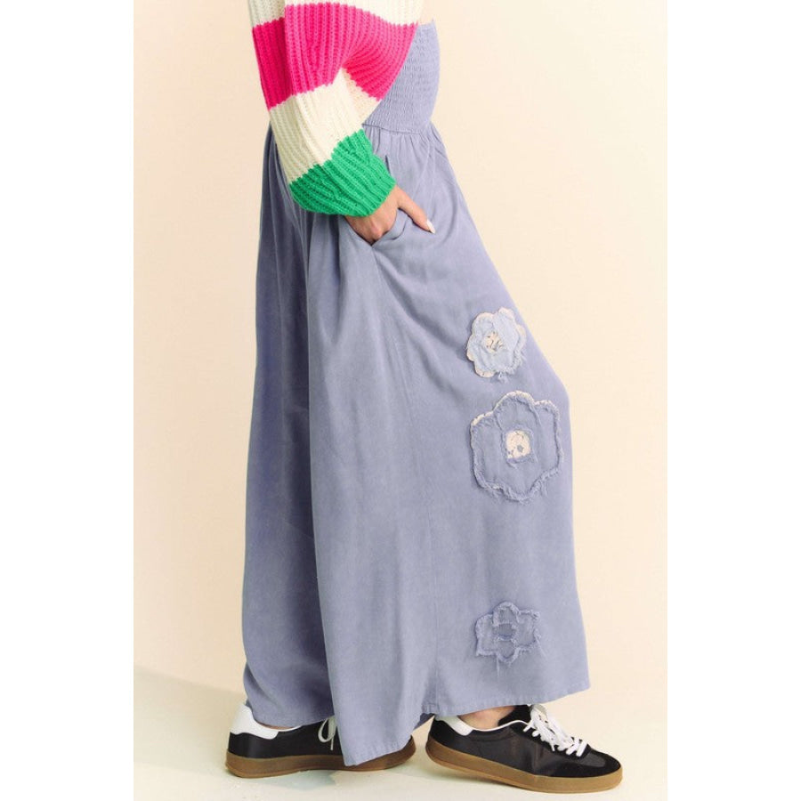 Davi & Dani Smocked Waist Flower Patch Wide Leg Pants Apparel and Accessories