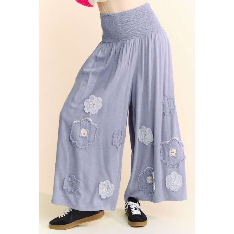 Davi & Dani Smocked Waist Flower Patch Wide Leg Pants Blue / S Apparel and Accessories