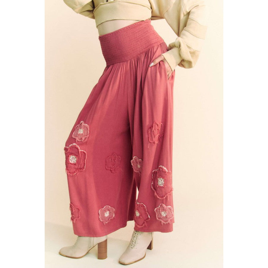 Davi & Dani Smocked Waist Flower Patch Wide Leg Pants Strawberry / S Apparel and Accessories