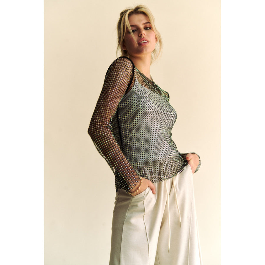 Davi & Dani Sparkling Rhinestone Sheer Mesh Round Neck Top Black / S Apparel and Accessories