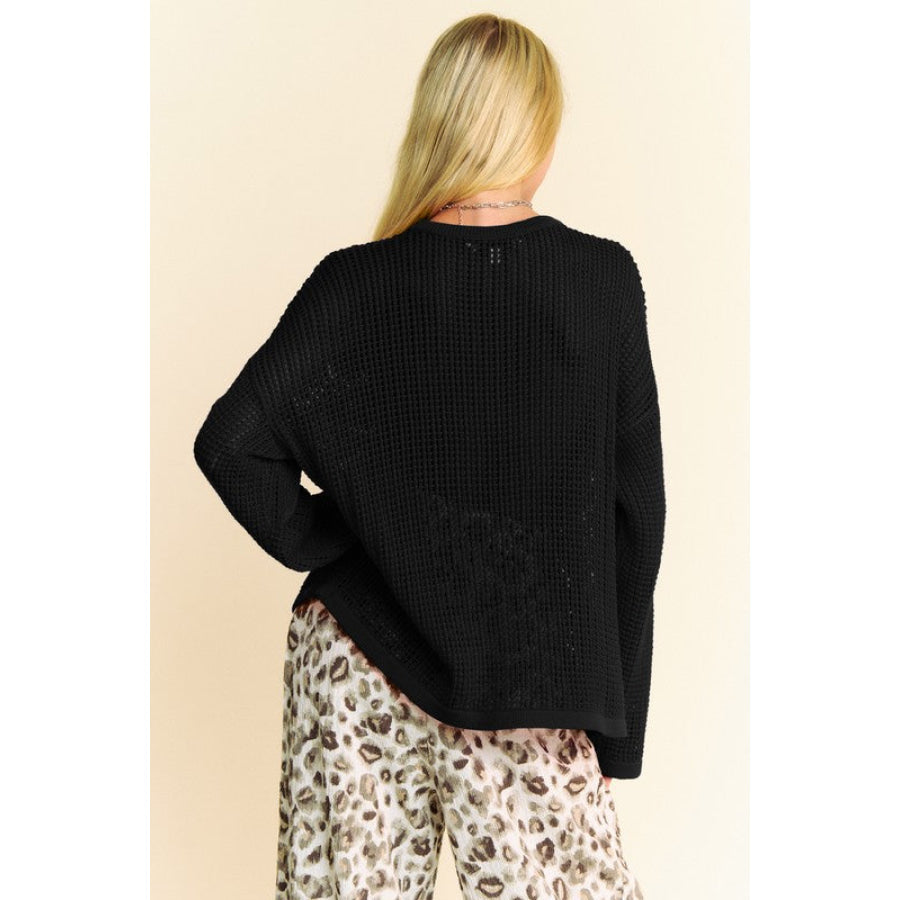 Davi & Dani Star Front Crochet Drop Shoulder Knit Top Black / S Apparel and Accessories
