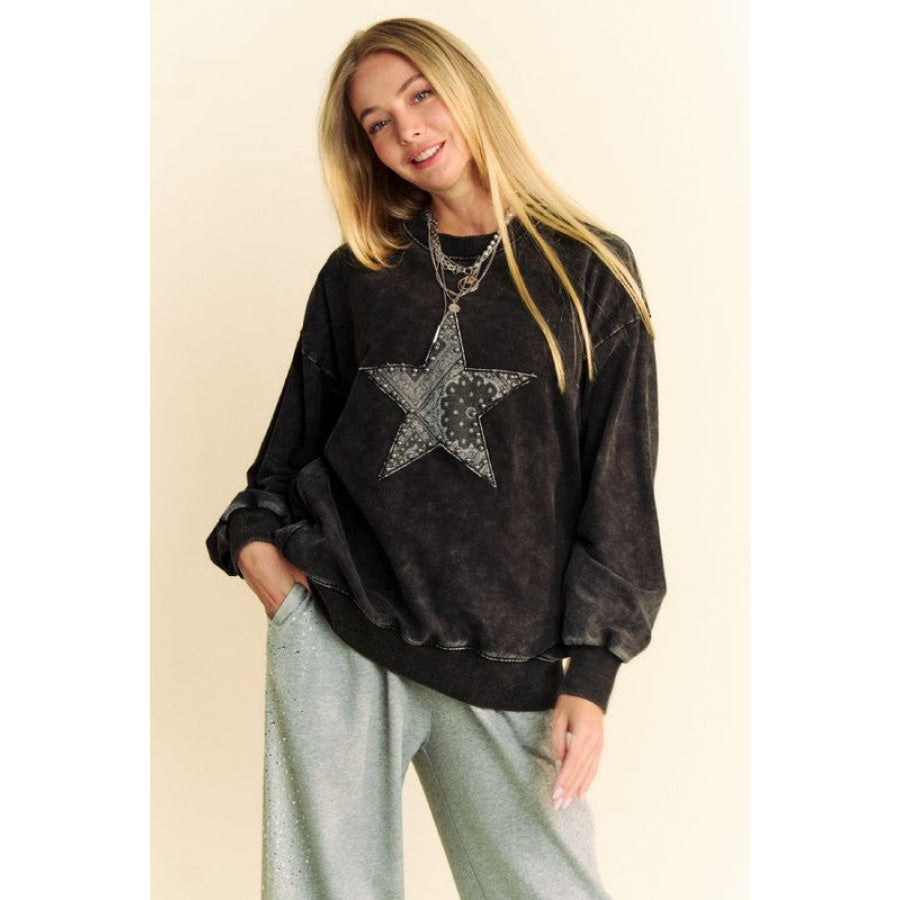 Davi &amp; Dani Stud Star Patch Acid Washed Sweatshirt Black / S Apparel and Accessories