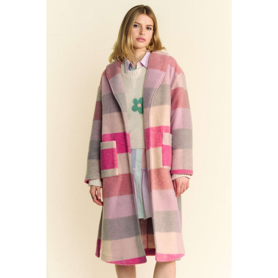 Davi & Dani Tied Color Block Collared Neck Coat Hot Pink Multicolor / S Apparel and Accessories