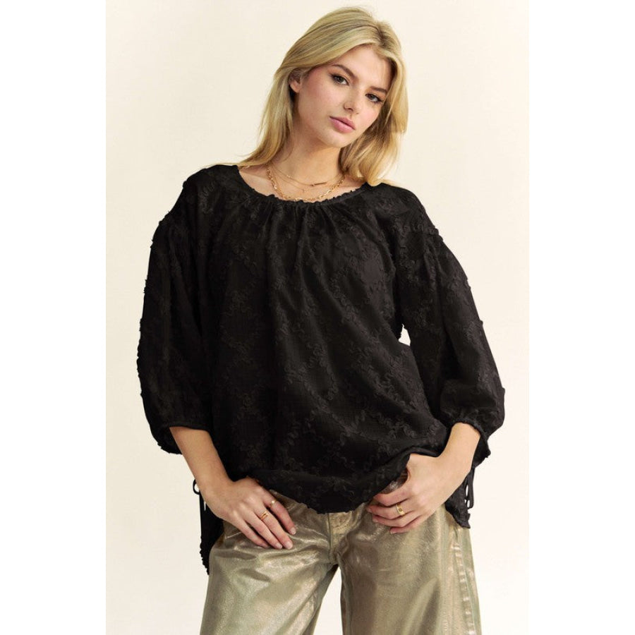 Davi &amp; Dani Tied Round Neck Mesh Blouse Black / S Apparel and Accessories