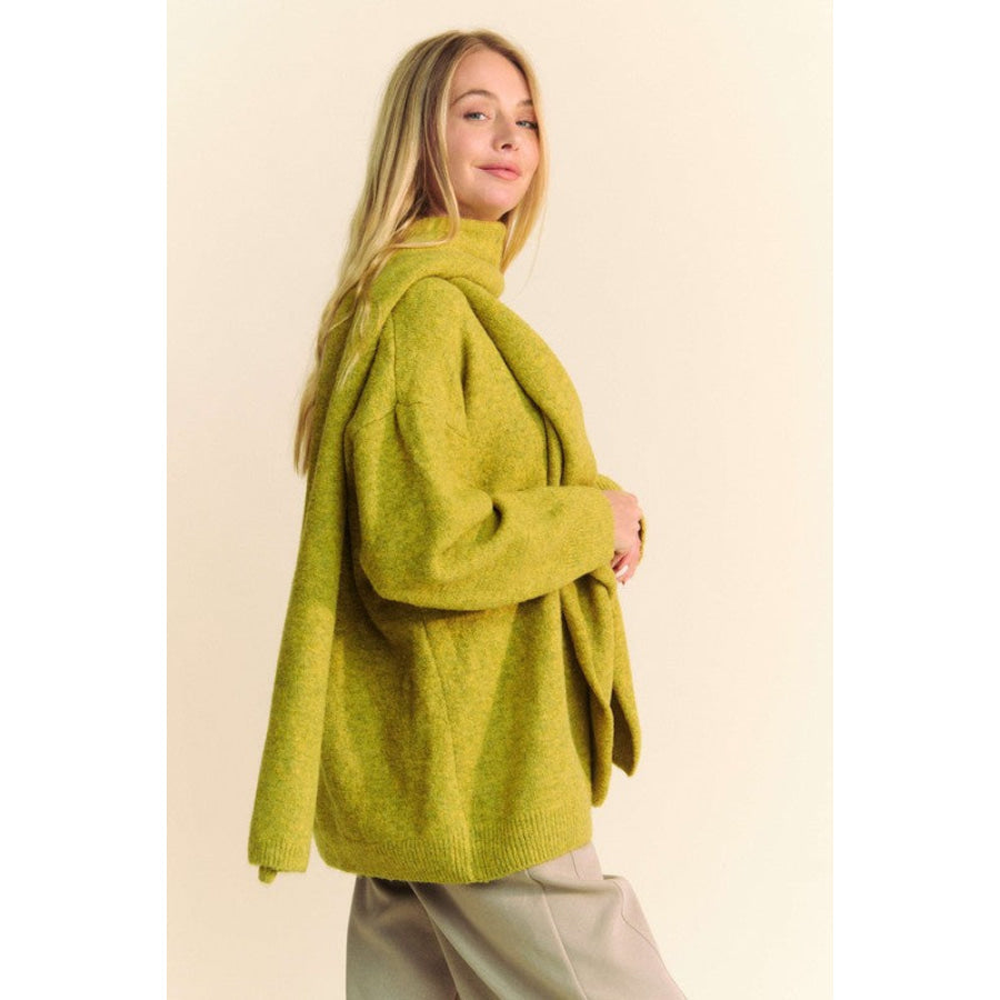 Davi & Dani V-Neck Dropped Shoulder Sweater with Scarf Chartreuse / S Apparel and Accessories