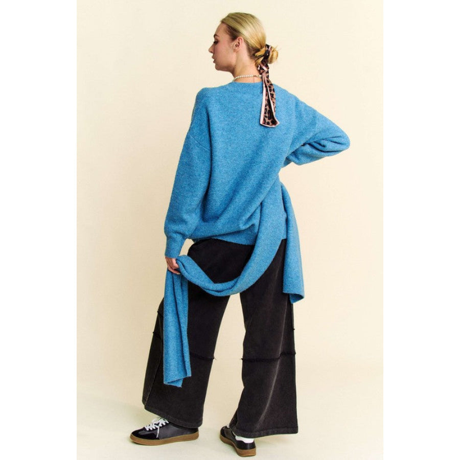 Davi & Dani V-Neck Dropped Shoulder Sweater with Scarf Cerulean / S Apparel and Accessories